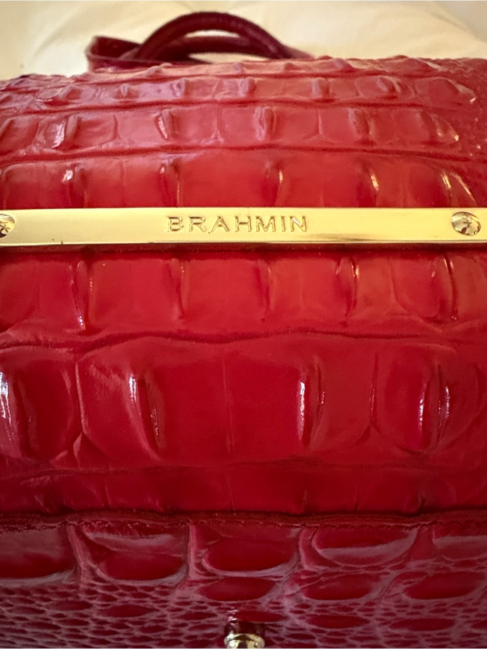Brahmin Red Embossed Croc-Textured Satchel with Gold Hardware - Picture 6 of 7